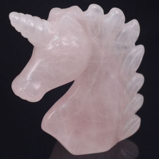 2 " Natural Gemstone Rose Quartz Carved Crystal Unicorn Head Reiki Healing Statue