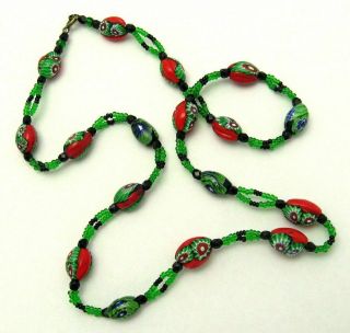 Venetian Art Deco Murano Millefiori Red Green Melon Glass Bead Necklace