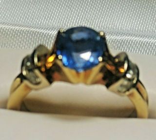 Estate Blue Sapphire Ring 14k Gold With 3 Diamonds On Each Side Size 7.  5