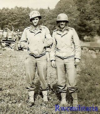 Buddy Pic Us Soldier & Medic In Field By M4 Sherman Tank & M3 Armored Halftrack
