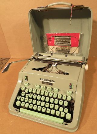 Seafoam Blue Hermes 3000 Portable Typewriter With Case,  Booklet,  Key & Brushes