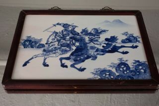 Chinese Antique Blue & White Porcelain Plaque Warriors Horseback Fighting Scene