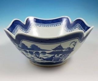 Antique Chinese Export Porcelain Canton Square Serving Bowl Scalloped Blue White