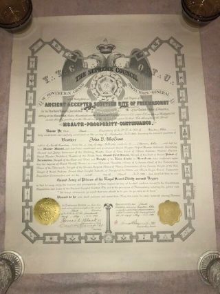 Vintage Masonic Freemason Scottish Rite Supreme Council Certificate 32nd Degree