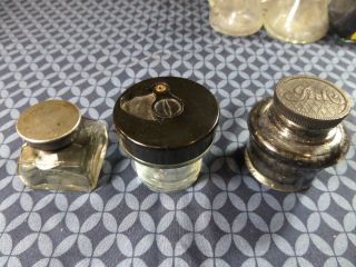 Group Of Three (3) Clear Glass Ink Wells W/lids
