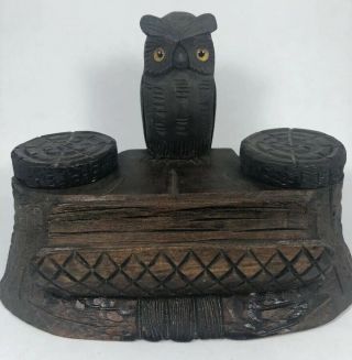 Black Forest Hand Carved Wood Inkwell And Pen Holder Owl Glass Eyes (16)