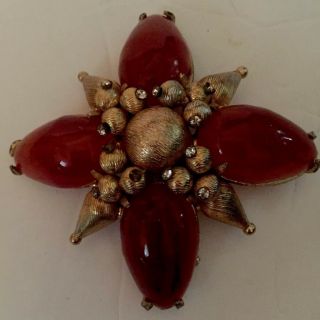 Stunning Large Vintage Hattie Carnegie Faux Carnelian Cross Flower Brooch Pin