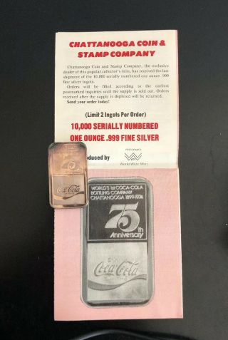 75th Anniversary Silver Coca Cola Bar - Chattanooga,  Tn - 1 Ounce Silver