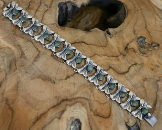 Jose Anton Pre - 1948 Mexico Silver Turquoise Art Deco Repousse Bow Link Bracelet 2
