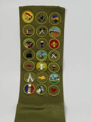 Vintage 1960s Boy Scout Merit Badge With Green Sash 21 Patches