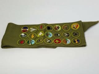 Vintage 1960s Boy Scout Merit Badge with Green Sash 21 Patches 2