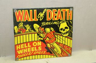 WALL OF DEATH MOTORCYCLE PORCELAIN METAL SIGN HELL ON WHEELS CARNIVAL PARK GAS 2