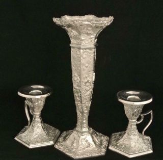 Vintage Derby Silver Dutch Art Silver Plate Console Set Candle Holders Vase Urn