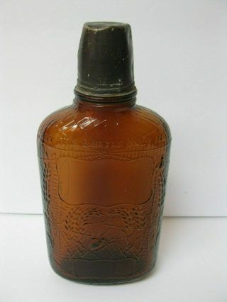 Vtg Amber Glass Whiskey Bottle With Tin Cup 100 Proof Grain 1920s Spider Web