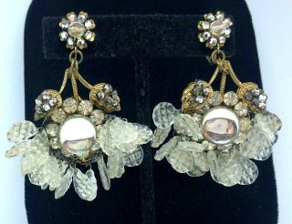 Vintage Signed Miriam Haskell Gold Tone Rhinestone & Glass Dangle Earrings