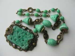 Vintage 20s Max Neiger Bros Art Deco Czech Green Peking Art Glass Bead Necklace