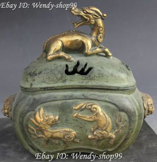 8 " Chinese Bronze Gild Lion Head Handle Unicorn Beast Incense Burner Censer