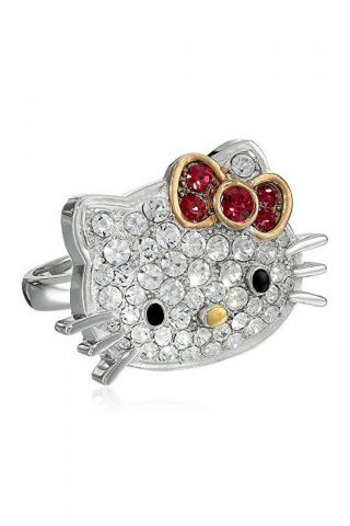 In Pouch S Silver Hello Kitty Czech Crystal Flat Face & Red Bow Ring Size: 7