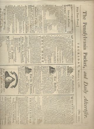 18thc American Paper " The Pennsylvania Packet " March 2,  1786