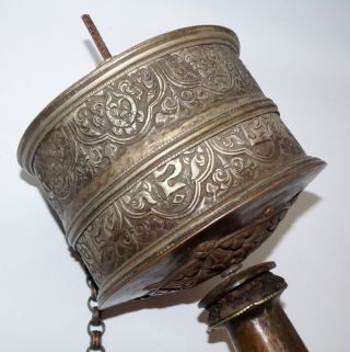 18/19C Nepalese Brass & Copper Large Buddhist Prayer Wheel on Wooden Handle (Ful) 2