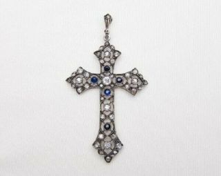 0.  50ct Blue Sapphire & Diamond Cross Pendant Necklace 10k Black Gold Over
