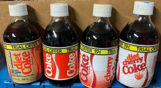 Set Of 4 1980’s Trial Size Coca Cola Bottles Cherry Coke Glass Full 10oz