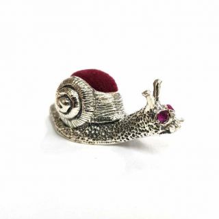 Victorian Snail With Ruby Eyes Pin Cushion 925 Sterling Silver Sewing Needle 2