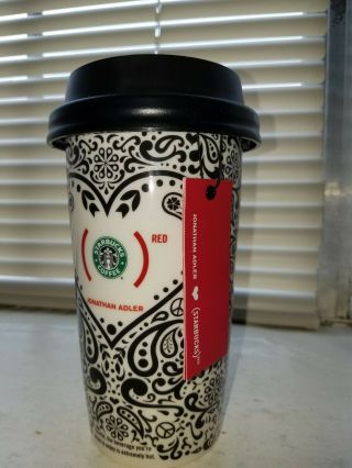 Starbucks 2010 Jonathan Adler Paisley (red) Heart Ceramic Travel Mug 12.