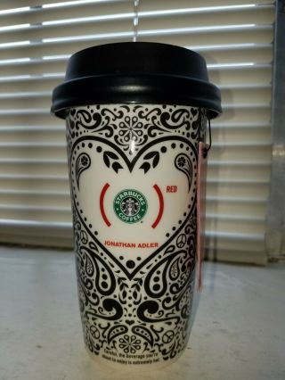 Starbucks 2010 Jonathan Adler paisley (Red) heart ceramic travel mug 12. 2