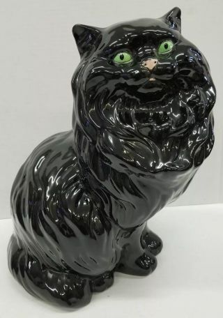 Vintage 13 " Large Persian Cat Glazed Ceramic Sitting Figurine Black Iridescent