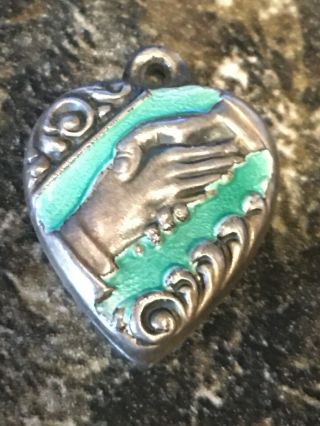 Vintage 1940’s Sterling Puffy Heart Charm: Soft Green Enamel On Shaking Hands