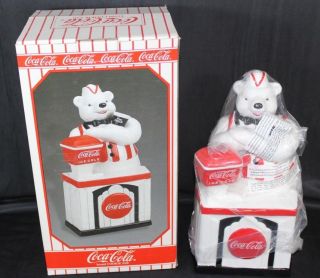 Coca - Cola Coke Cookie Jar Polar Bear At Soda Fountain Machine & Box