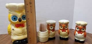 Vintage set of Owl salt & pepper shakers - toothpick holder and utensil holder 2