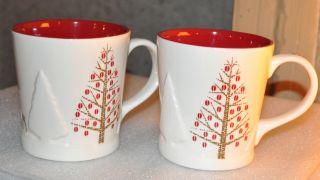 2 Starbucks® Holiday 2008 Christmas Tree Embossed 14 Oz Ceramic Coffee Mugs