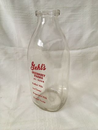 Vintage Quart Milk Bottle Gehl’s Guernsey Farms Dairy Milwaukee Wisconsin 1945