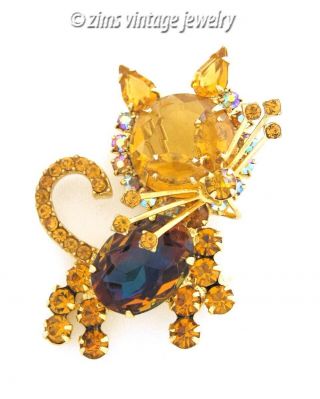 Vintage D&e Juliana Gold Amber Topaz Ab Rhinestone Cat Animal Figural Pin Brooch