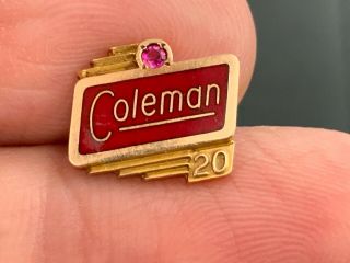 Coleman Outdoor Equipment 10k Gold Ruby 20 Years Service Award Pin.