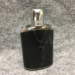 Vintage Rumpp Black Top Grain Cowhide Leather Covered Clear Glass Whiskey Flask