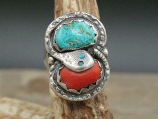 Vtg Old Pawn Navajo Sterling Silver Turquoise & Coral Snake Mens Ring Sz 10.  25