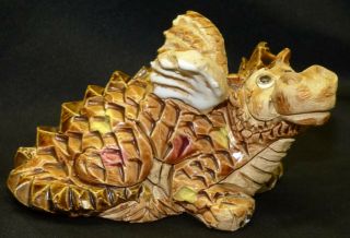 Vtg Brown Glazed Pottery Clay Art 4 " Dragon Figurine Hand Made Artist Signed Vr