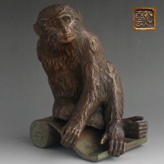 Japanese Monkey Sitting On Roof Tile Vintage Bronze Statue Signed Shoun