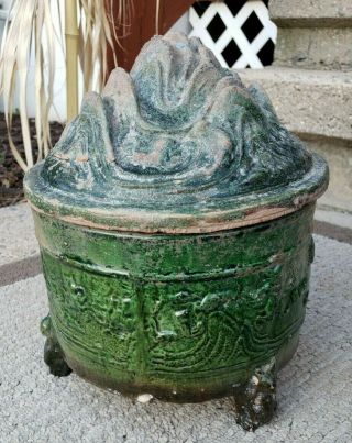 Han Dynasty Chinese Green Glazed Stoneware Tripod “hill” Censer (206 Bc–220 Ad)