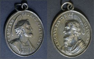 Antique Saint Peter Paul Solid Silver Medal Religious Christian Catholic