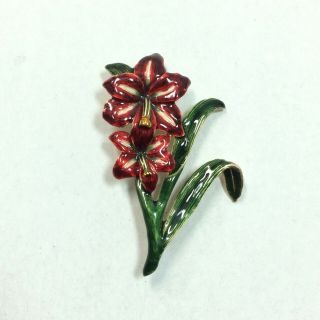 Mfa Museum Of Fine Art Red Enamel Fluted Flower Lily Brooch Gold - Tone Metal Pin