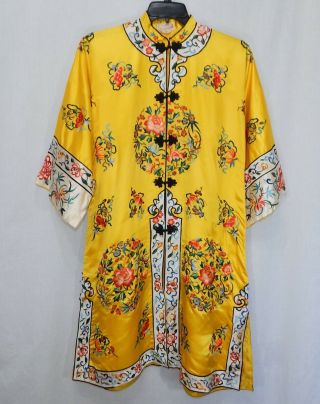 Vintage 60s Bai Hua Hand Embroidery Floral Silk Kimono Robe Mandarin Chinese Top