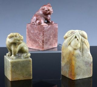 Estate Coll.  3 Old Chinese Carved Soapstone Stone Fu Lion & Peaches Chop Seals