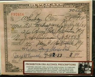 Authentic 1933 Prohibition Era Perscription For Medicinal Liquor