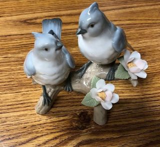 Lladro 2 Blue Birds On A Branch With Flowers Figurine E4007