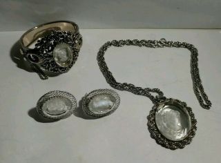 Vintage Whiting & Davis Silvertone Glass Cameo Necklace Bracelet Earrings Set