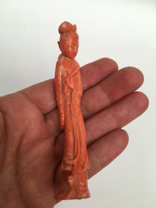 Lovely Chinese Coral Carved Figure Kwan - Yin Guan Yin W/ Wood Base.